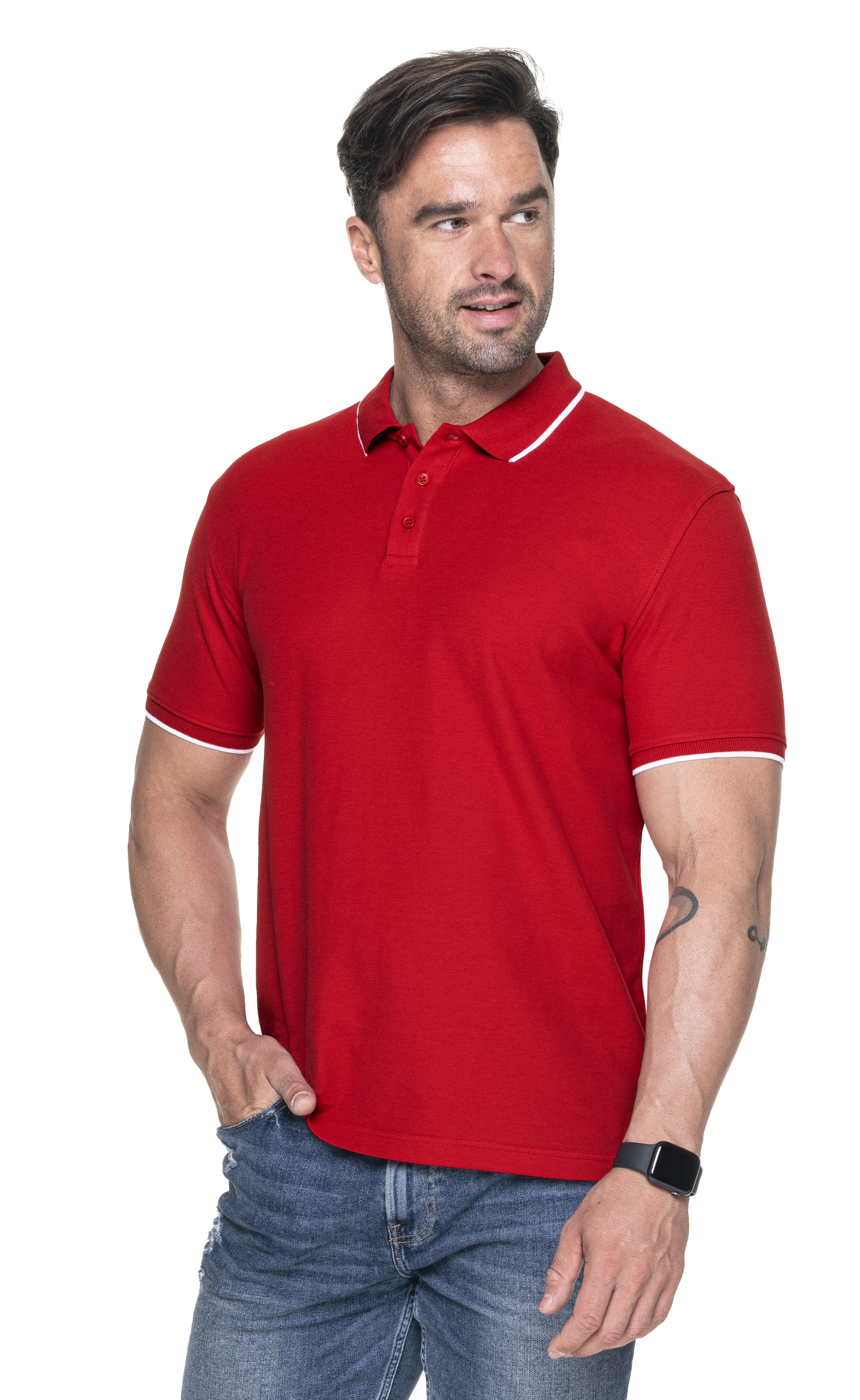 Koszulka Polo Promostars Line - czerwona z białym wykończeniem